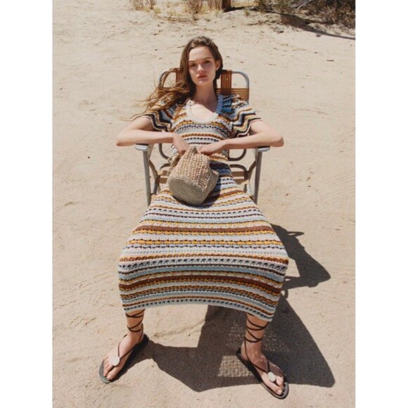 Zara Crochet Knit Maxi Dress Scallop Puff Sleeve Striped Blue Cream Women's S - Picture 8 of 8